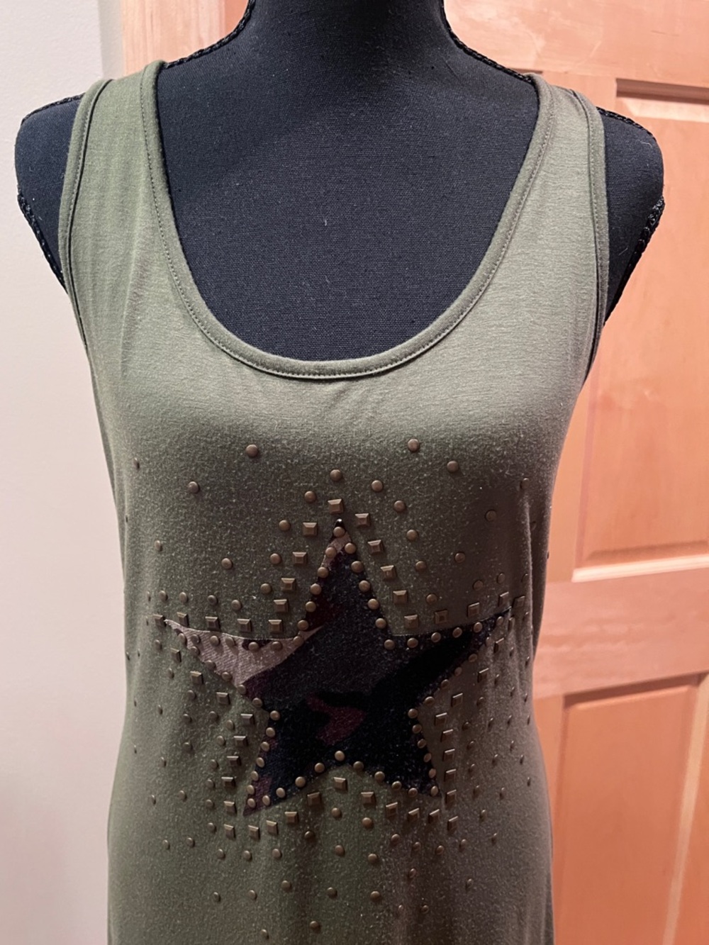 Vintage Olive Green Form Fitting Stretch Racerback Maxi Dress Camo Star Patch M - Picture 2 of 13